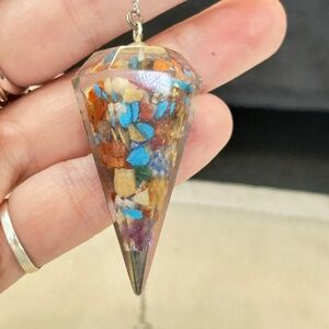 Pendulum, Silver Tone 7” Chain w/Orgone Stone, Diamond Shaped Pendulum